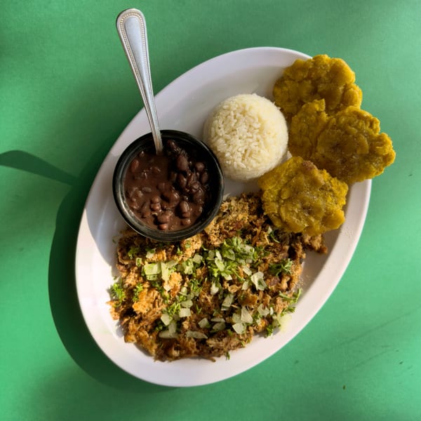 Cuban shredded pork with rice, black beans, and fried plantains on a white plate.