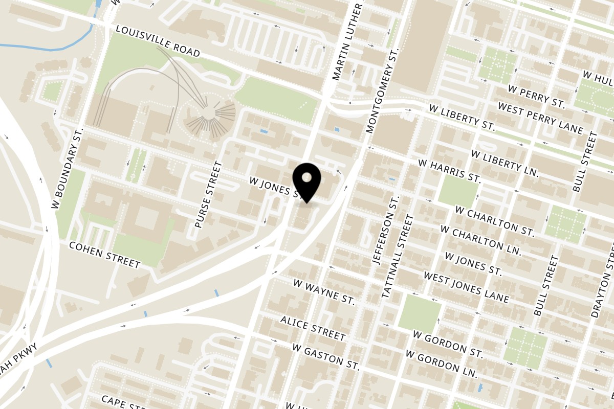 Map showing the location of Rancho Alegre Cuban Restaurant on 402 Martin Luther King Jr Blvd in Savannah